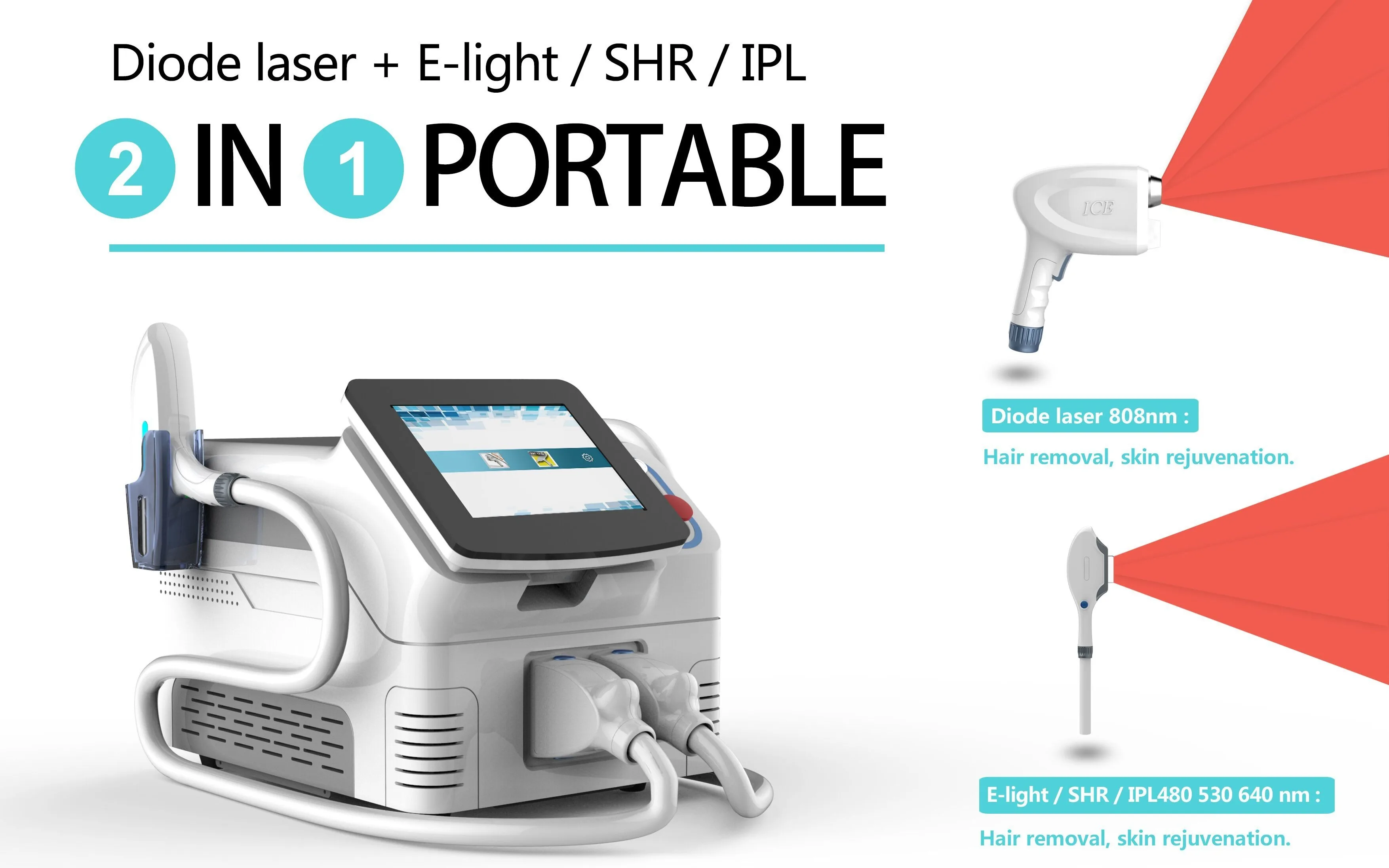 Portable diode laser and IPL two-function machine render from a shop listing